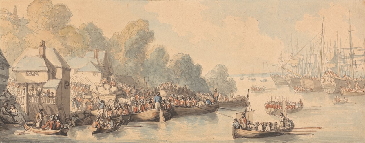 Ombordstigning i Southampton, 20 juni 1794 (akvarell och penna och brunt, grått och rödbrunt bläck över grafit på medium, lätt texturerat, krämvävt papper) av Thomas Rowlandson