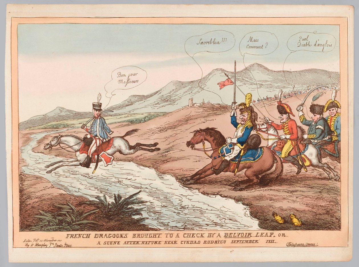 "Engelska seder och fransk försiktighet eller franska dragoner förde till en check av Belvoir-språng september 1811" (gravyr, färgad) av Thomas Rowlandson