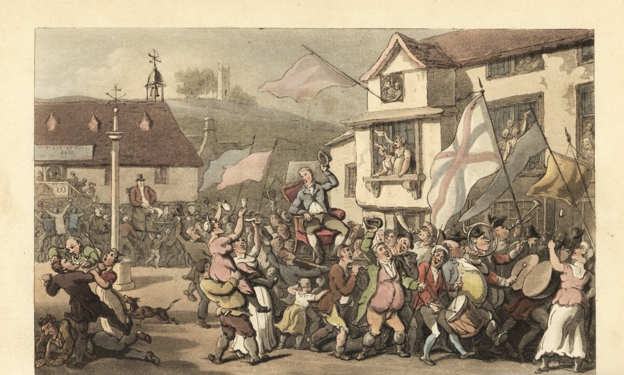 Engelsk gentleman buren i en sedanstol för ett val av Thomas Rowlandson
