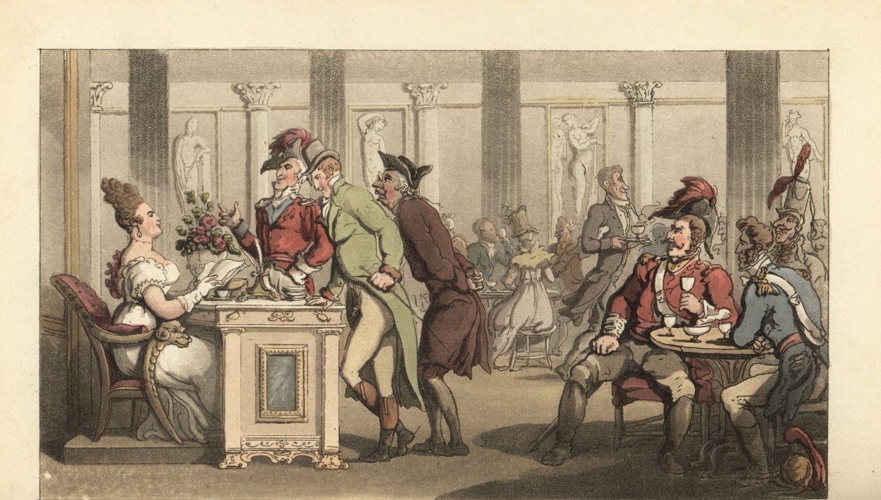 Engelsk gentleman som flirtar med Fair Limonadiere på ett kafé i Paris av Thomas Rowlandson