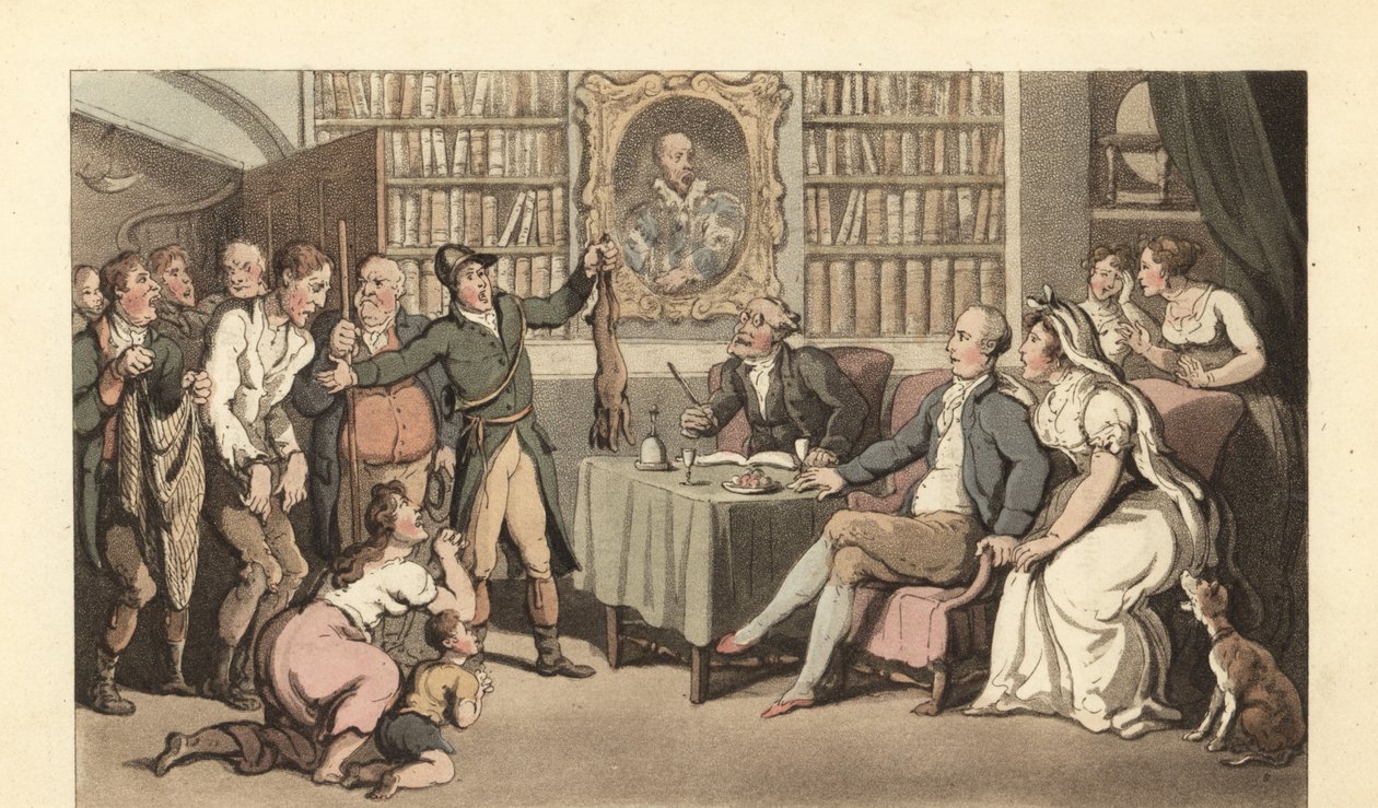 Engelsk gentleman i sitt arbetsrum som hör ett fall av tjuvjakt av Thomas Rowlandson