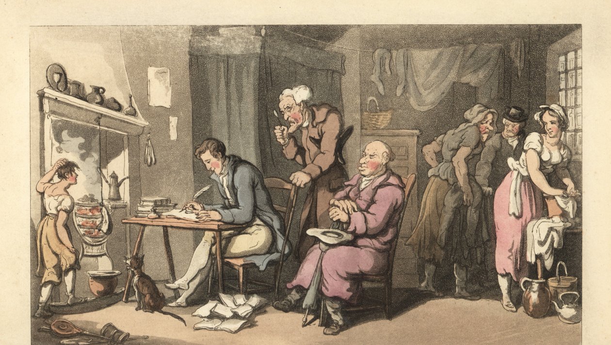 Engelsk gentleman som skriver ett tiggeribrev i en förfallen salong av Thomas Rowlandson