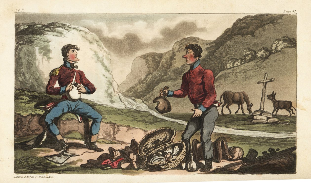 Fänrik Johnny Newcome och hans Subaltern äter frukost med skinka, nötkött, kex och konjak vid en vägkant i Portugal. Handfärgad kopparstick tecknad och etsad av Thomas Rowlandson från överste David Roberts The Military Adventures of Johnny Newc av Thomas Rowlandson