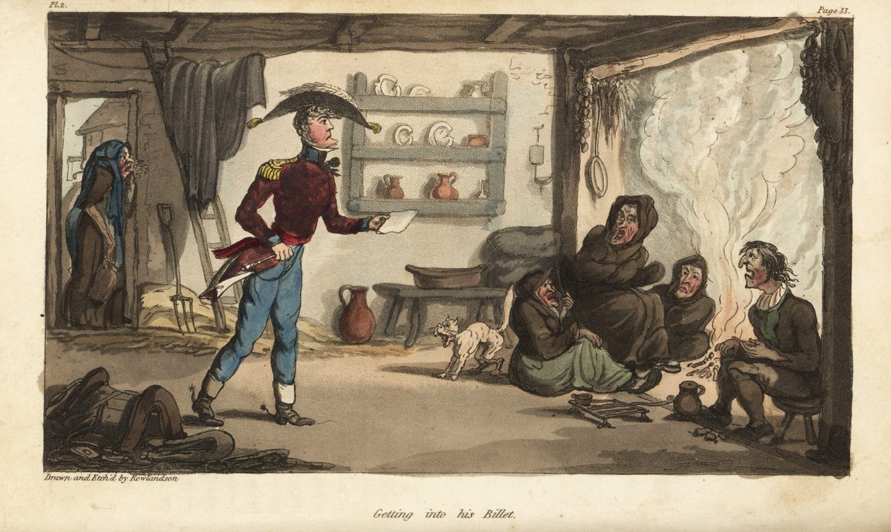 Fänrik Johnny Newcome anländer till sin Subalternters biljett i Portugal, ett hål med smutsiga tiggare. Handfärgad kopparstick tecknad och etsad av Thomas Rowlandson från överste David Roberts The Military Adventures of Johnny Newcome, Martin, Lo av Thomas Rowlandson
