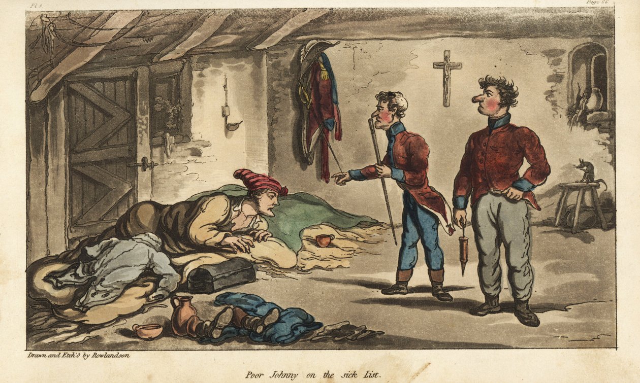 Fänrik Johnny Newcome har dysenteri på sin biljett i Medina, Spanien. Handfärgad kopparstick tecknad och etsad av Thomas Rowlandson från överste David Roberts The Military Adventures of Johnny Newcome, Martin, London av Thomas Rowlandson