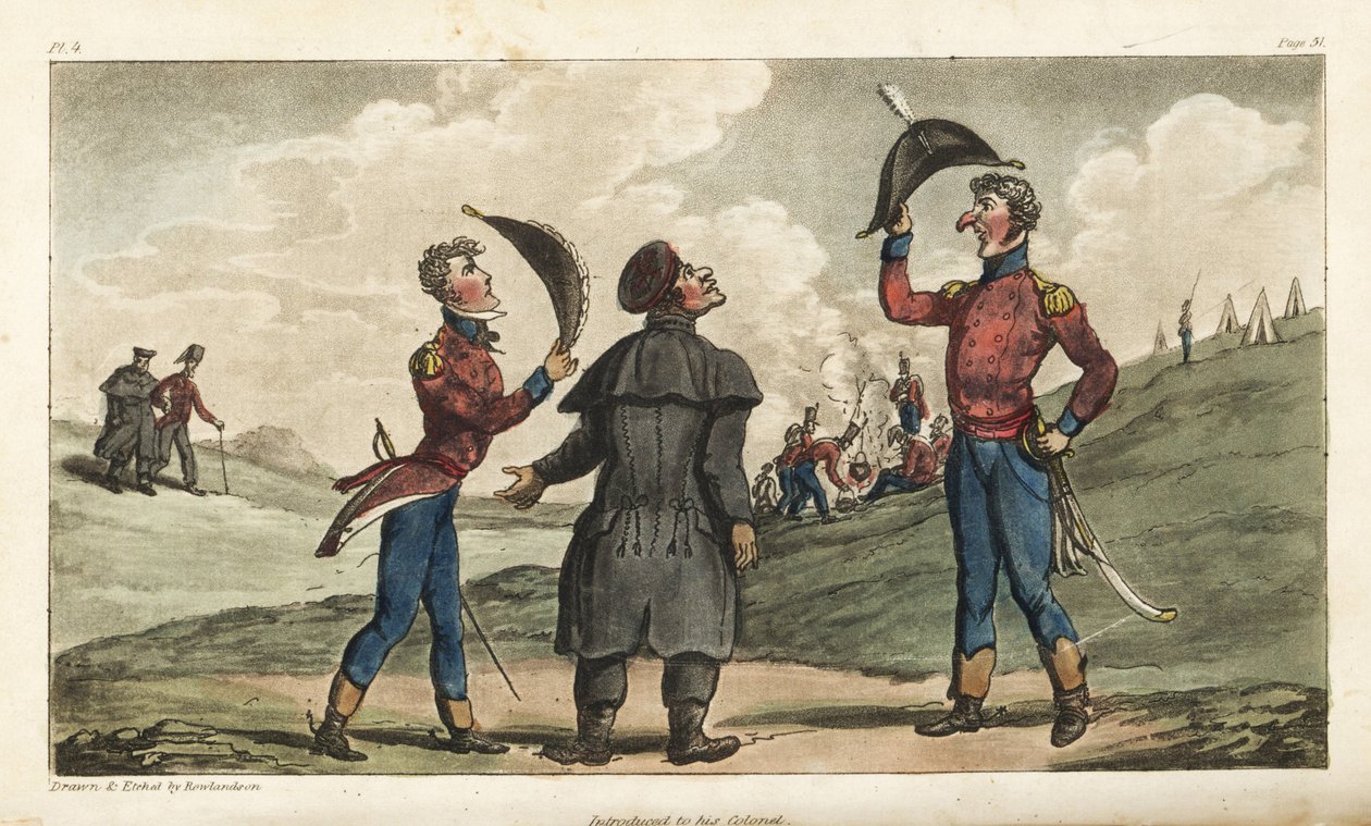 Fänrik Johnny Newcome introducerades för översten av sitt regemente före slaget vid Salamanca. Handfärgad kopparstick tecknad och etsad av Thomas Rowlandson från överste David Roberts The Military Adventures of Johnny Newcome, Martin, London av Thomas Rowlandson