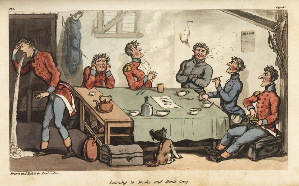 Fänrik Johnny Newcome lär sig röka cigarrer och dricka grogg med andra officerare. Röker för mycket och kräks vid bordet. Handfärgad kopparstick tecknad och etsad av Thomas Rowlandson från överste David Roberts The Military Adventures of J av Thomas Rowlandson