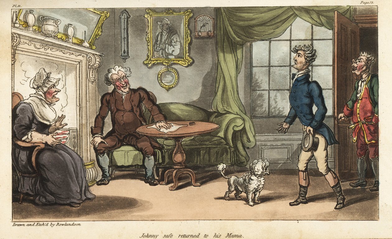 Fänrik Johnny Newcome återvänder hem till England på sjukskrivning från Peninsula Campaign. Handfärgad kopparstick tecknad och etsad av Thomas Rowlandson från överste David Roberts The Military Adventures of Johnny Newcome, Martin, London av Thomas Rowlandson