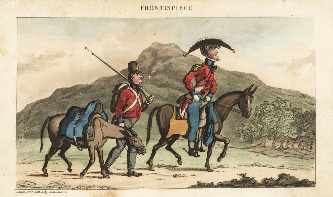 Fänrik Johnny Newcome rider en häst åtföljd av en subaltern med packhäst i Portugal. Handfärgad kopparstick tecknad och etsad av Thomas Rowlandson från överste David Roberts The Military Adventures of Johnny Newcome, Martin, London av Thomas Rowlandson