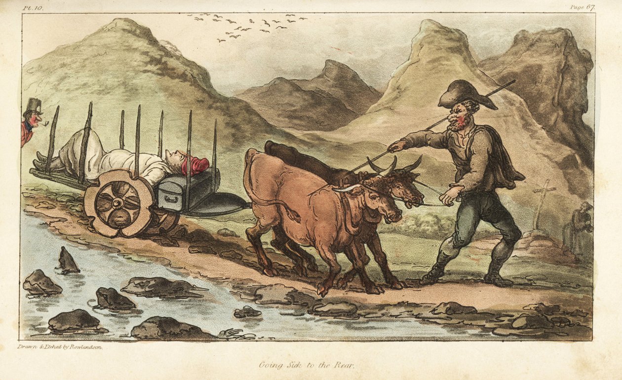 Fänrik Johnny Newcome, sjuk av dysenteri, förd med oxkärra till Salamanca, Spanien. Handfärgad kopparstick tecknad och etsad av Thomas Rowlandson från överste David Roberts The Military Adventures of Johnny Newcome, Martin, London av Thomas Rowlandson