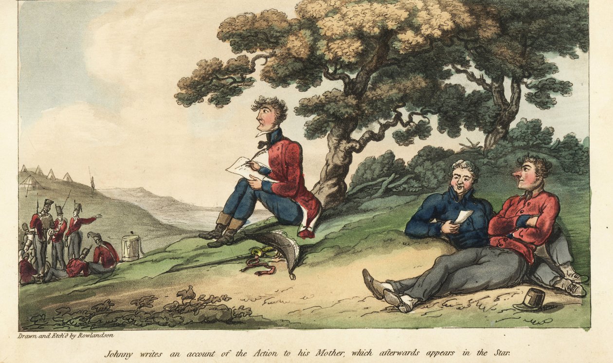 Fänrik Johnny Newcome skriver ett brev till sin mamma som beskriver slaget vid Salamanca av Thomas Rowlandson