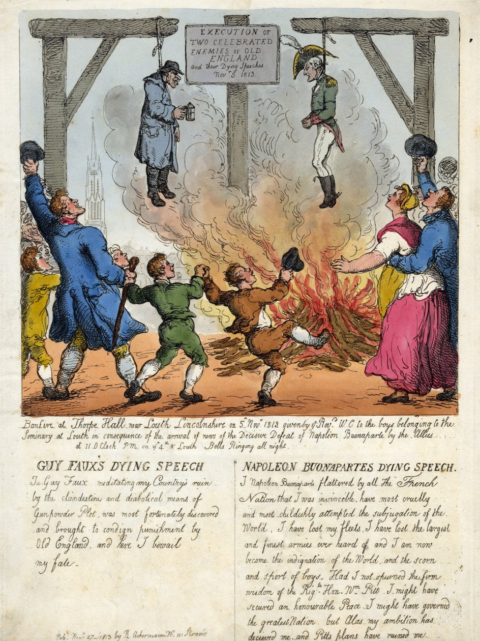 Avrättning av två berömda fiender till det gamla England, Guy Fawkes och Napoleon Buonaparte - deras sista tal i galgen. 1813. gravyr. av Thomas Rowlandson