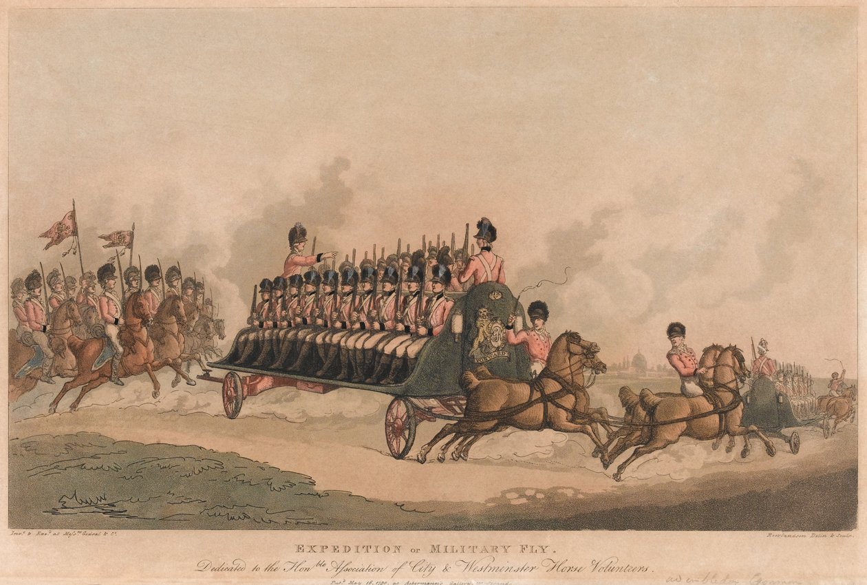 "Expedition of Military Fly" (akvatint, färg) av Thomas Rowlandson