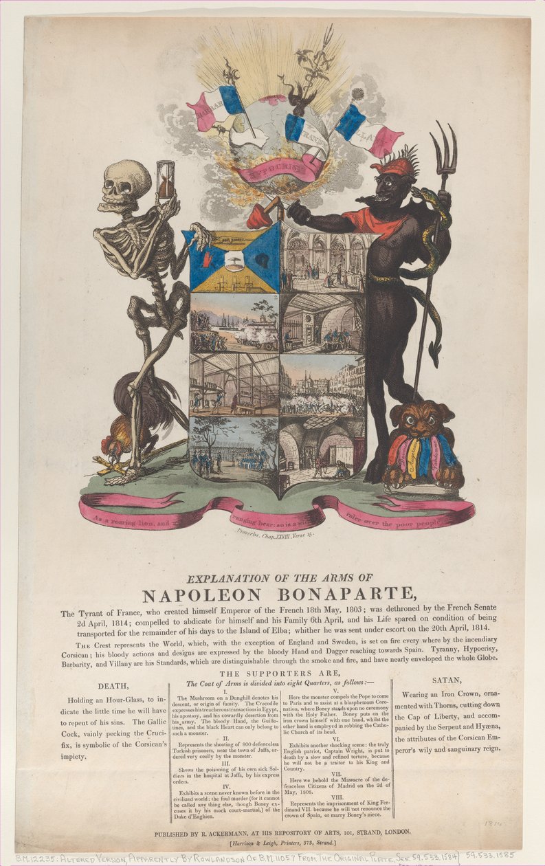 Förklaring av Napoleon Bonapartes vapen, april 1814, april 1814. av Thomas Rowlandson