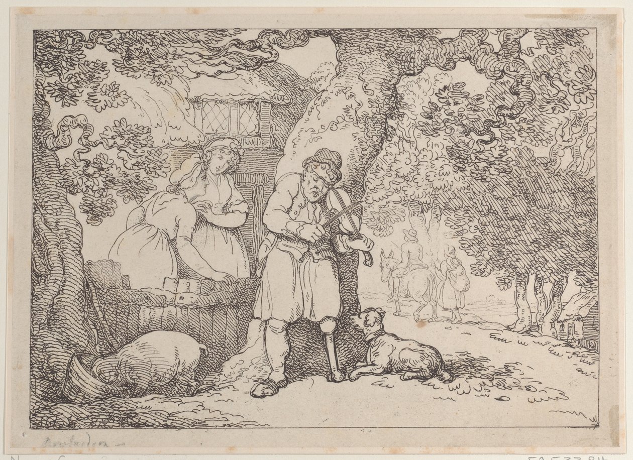 Spelman, sjöman, två kvinnor och en gris vid en stuga, 1816., 1816. av Thomas Rowlandson