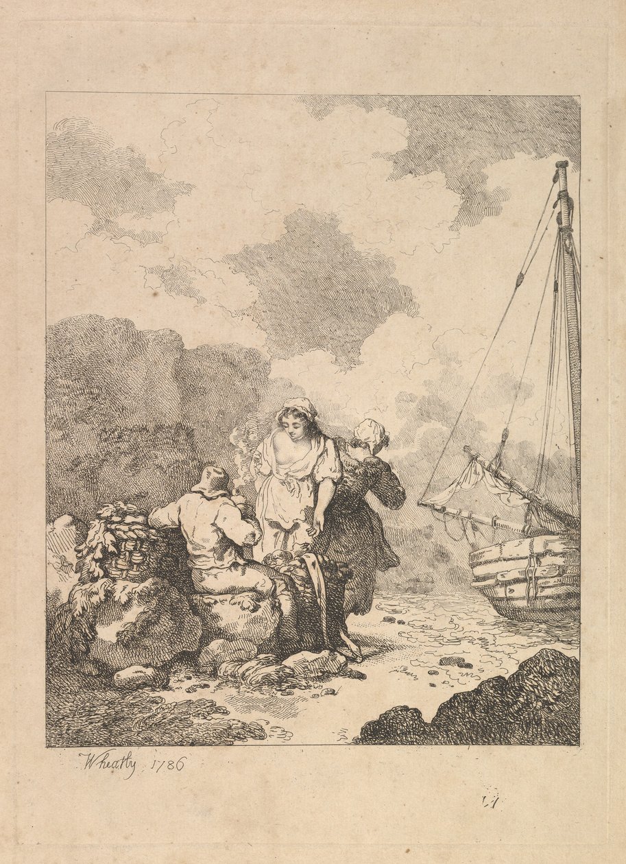 Fishermen by the Shore - Kustscen med en man som sitter på stenar och röker en pipa, Nex..., 1786. av Thomas Rowlandson