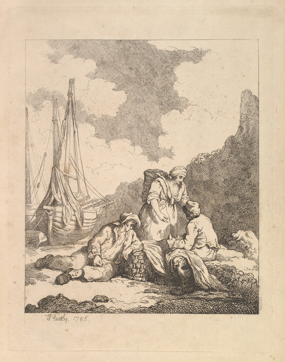 Fiskare vid stranden - kustscen med en man som sitter på marken som vilar en armbåge o..., 1786. av Thomas Rowlandson