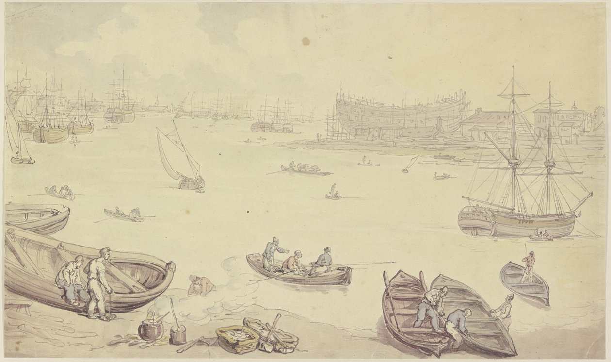 En flod med många fartyg och ett varv av Thomas Rowlandson