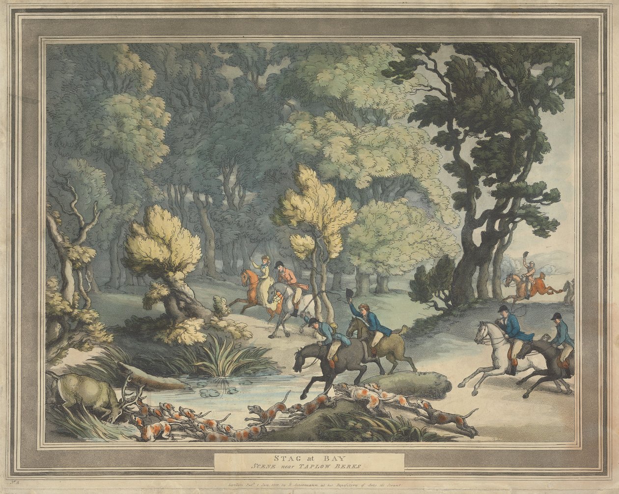 Rävjakt [serie om fyra]:  2.  Hjort i trångmål. / Scen nära Taplow i Berks av Thomas Rowlandson