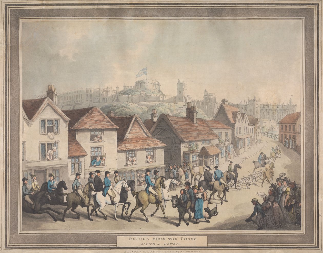 Rävjakt [serie om fyra]:  4. Återkomsten från jakten. / Scen vid Eaton av Thomas Rowlandson