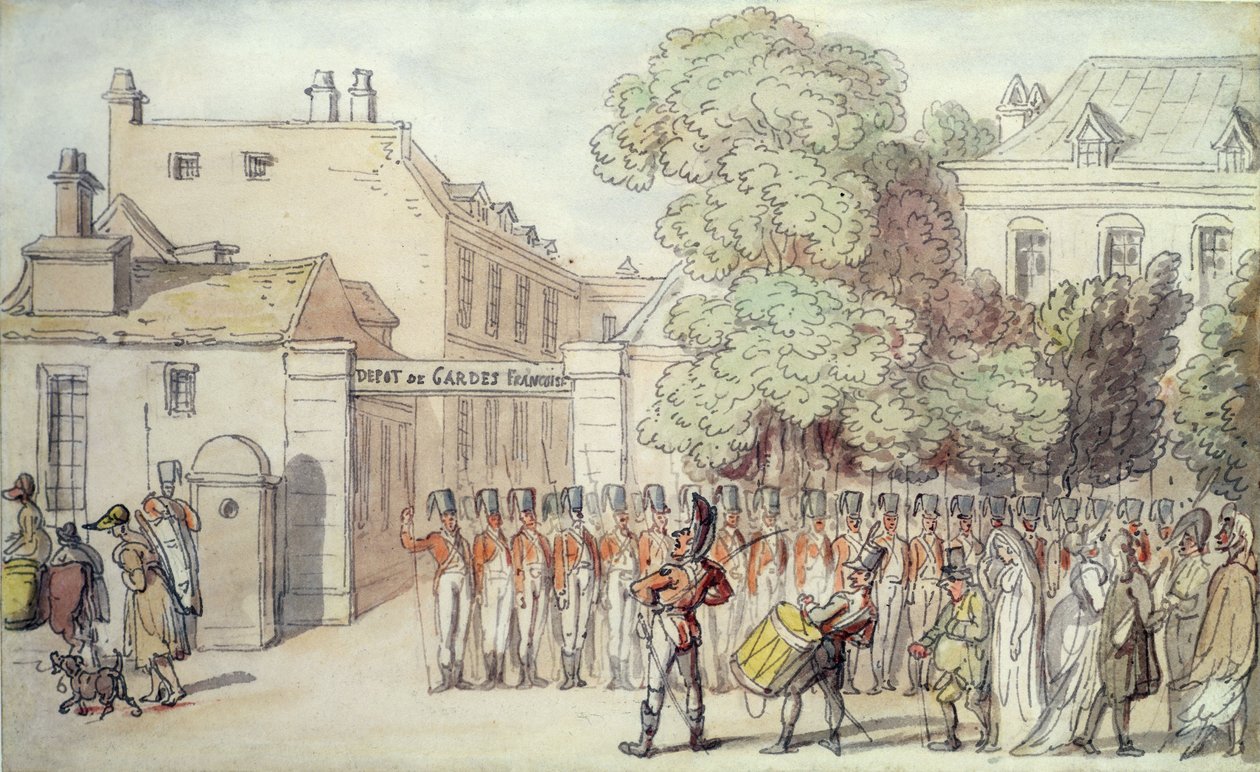 Franska soldater på parad (penna och akvarell på papper) av Thomas Rowlandson