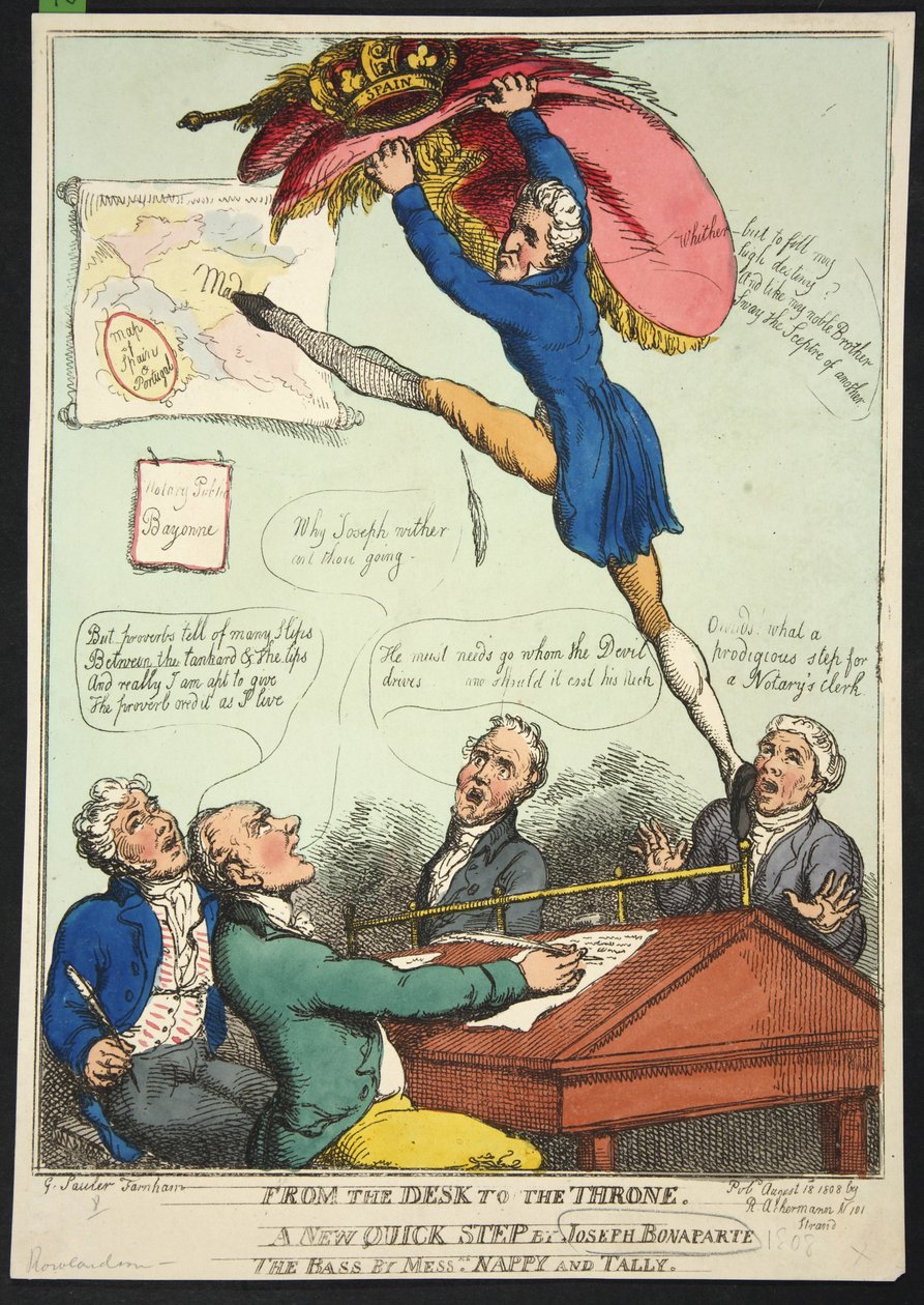 Från skrivbordet till tronen. Ett nytt snabbt steg av Joseph Bonaparte. The Bass av Mrs Nappy och Talley, pub. 1808 (handfärgad gravyr) av Thomas Rowlandson