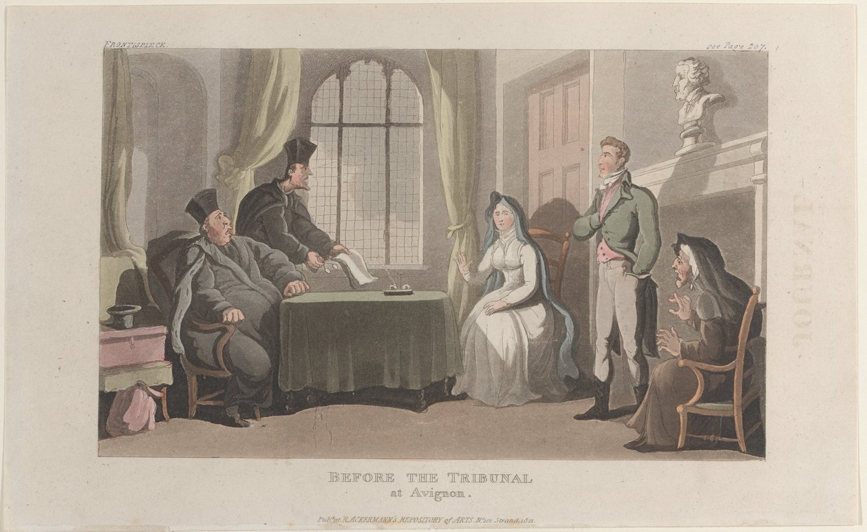 Frontispice: Before the Tribunal at Avignon, från Journal of Sentimental Travels in the ..., 1821. av Thomas Rowlandson