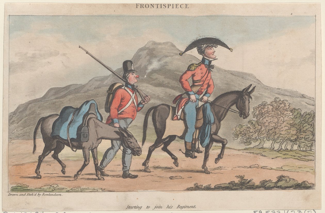 Frontispice: Börjar gå med i hans regemente, från The Military Adventures of Johnny Newco..., 1815. av Thomas Rowlandson