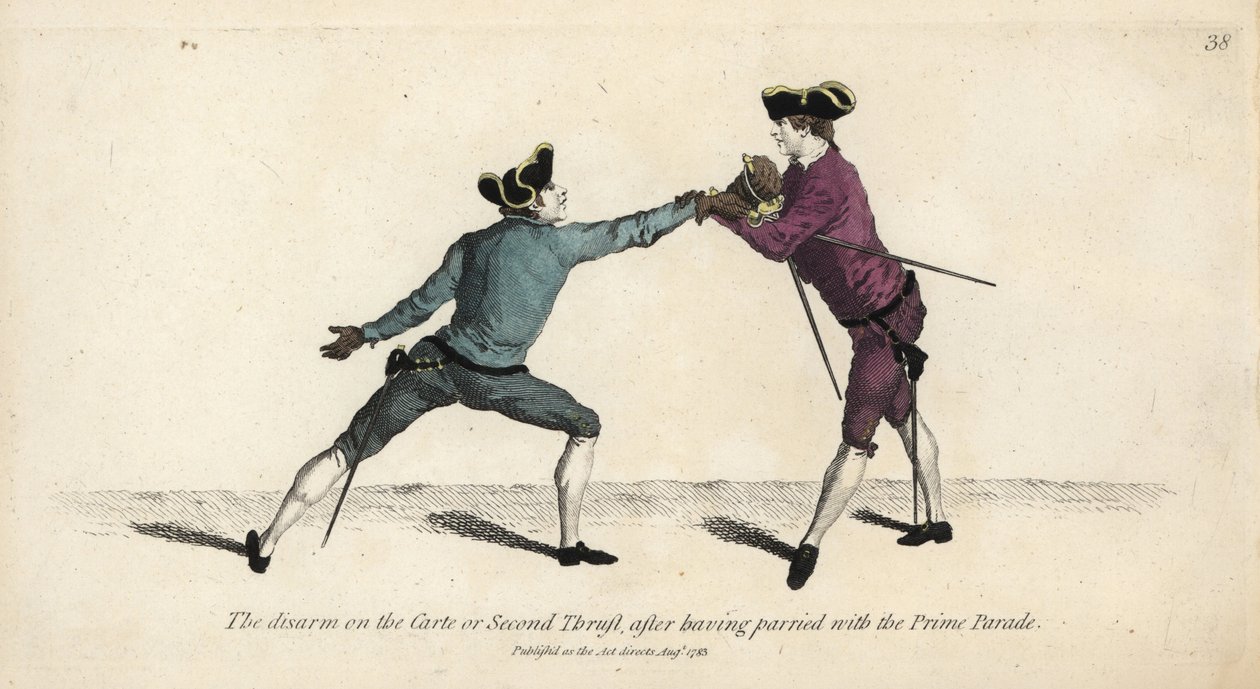 Gentleman fäktare avväpnar sin motståndare på Carte eller Second Thrust, efter att ha parerat med Prime Parade. Handfärgad kopparstick efter en illustration av Thomas Rowlandson från Mr. Domenico Angelos The School of Fencing, London av Thomas Rowlandson
