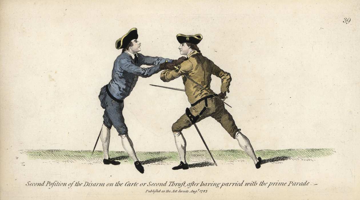 Gentleman fäktare i den andra positionen i Disarm på Carte eller Second Thrust, efter Prime Parade-pareringen. Handfärgad kopparstick efter en illustration av Thomas Rowlandson från Mr. Domenico Angelos The School of Fencing, London av Thomas Rowlandson