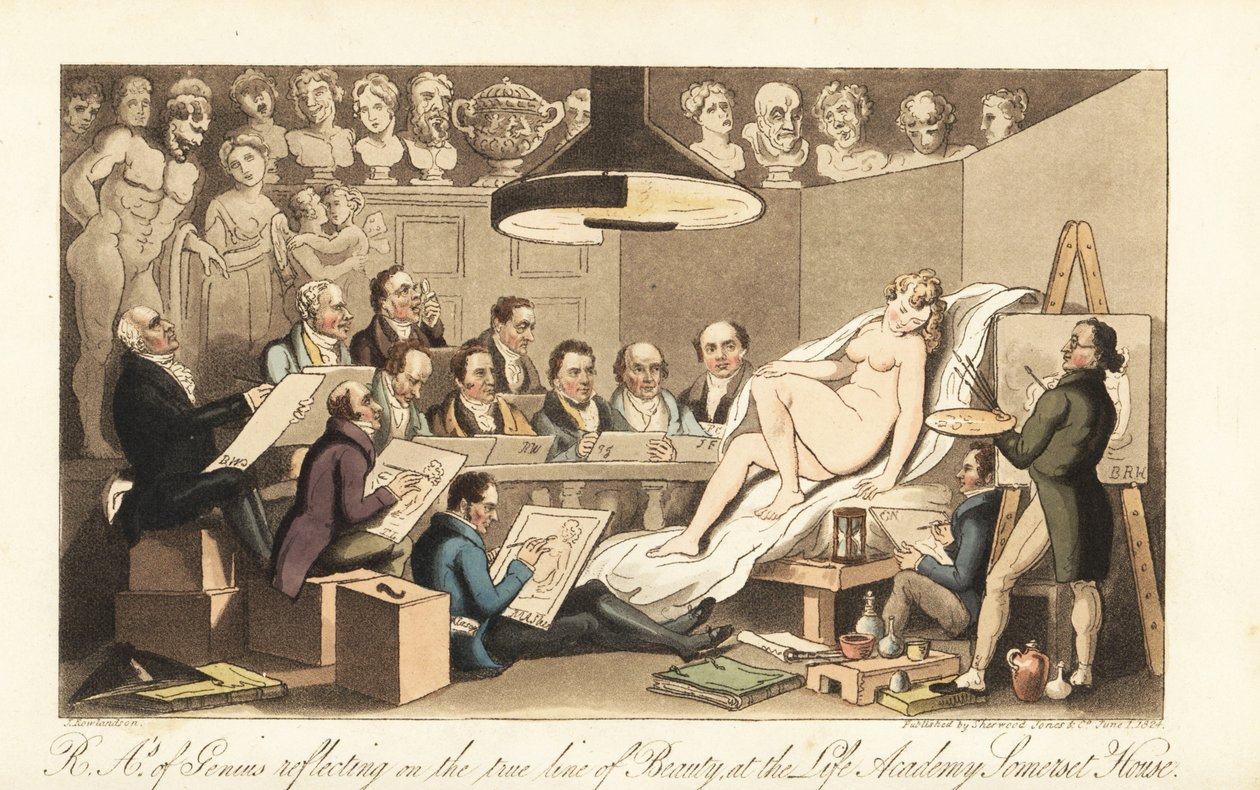 Georgiska konstnärer som Benjamin West, Thomas Lawrence, Benjamin Haydon, Joseph Farrington, Richard Westall och Martin Archer Shee ritar en naken modell, medan klassiska byster tittar ner. Royal Academicians of Genius som reflekterar över skönhetens sanna av Thomas Rowlandson