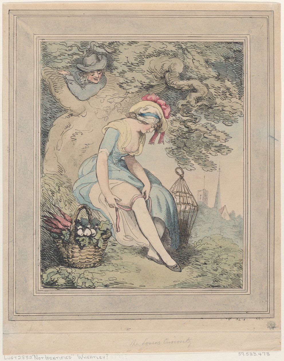 Flicka med korg och fågelbur som justerar strumpebandet, 1785-95., 1785-95. av Thomas Rowlandson