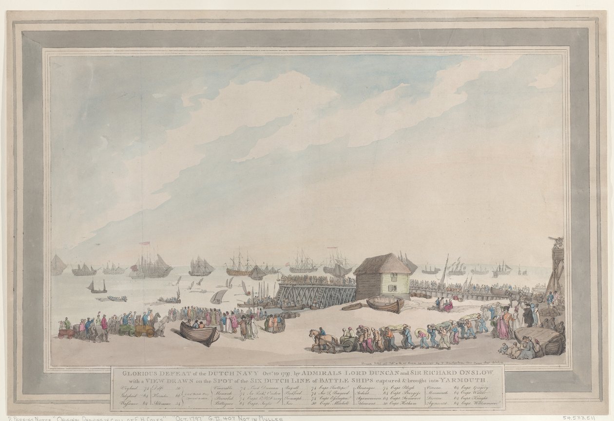 ”Den nederländska flottans storslagna nederlag den 10 oktober 1797”, av amiralerna Lord Duncan och Sir Richard Onslow, med en på plats tecknad vy av de sex nederländska linjeskeppen som erövrades och fördes till Yarmouth av Thomas Rowlandson