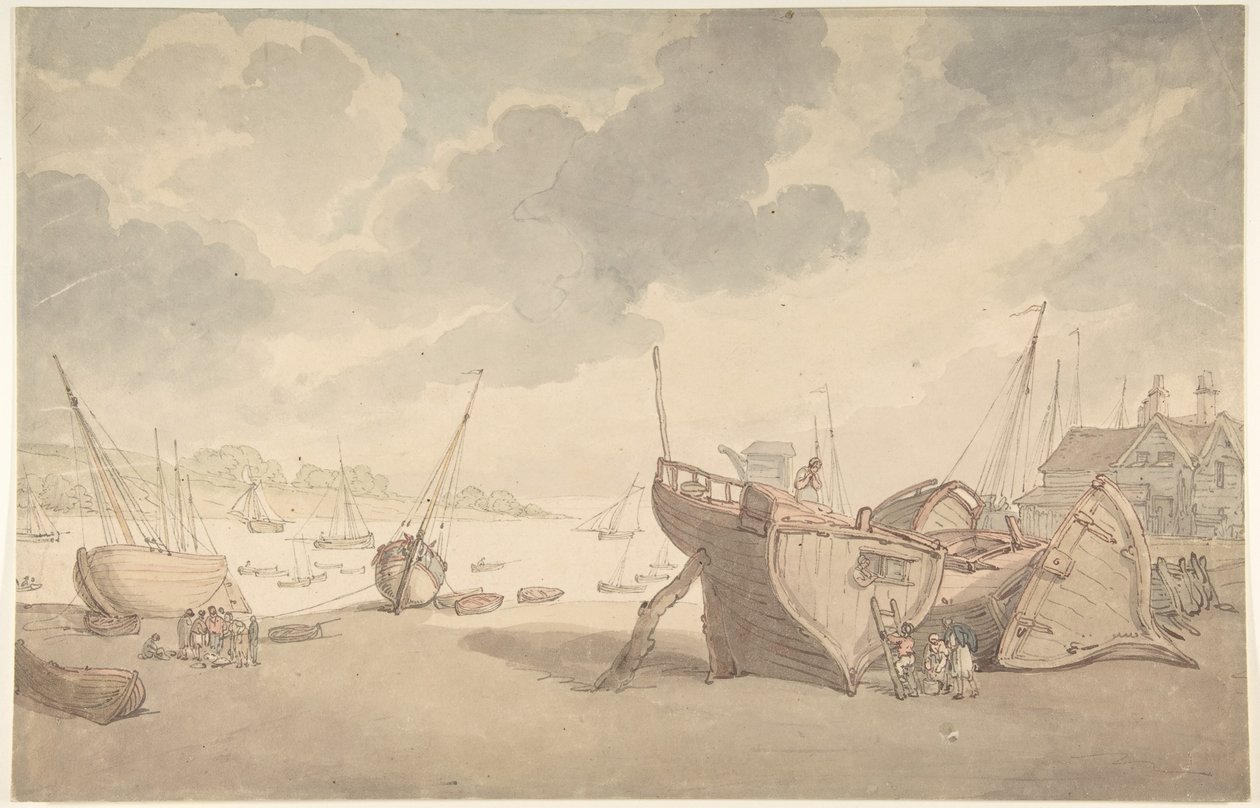 Hamnvy vid lågvatten, med båtar som har strandat av Thomas Rowlandson