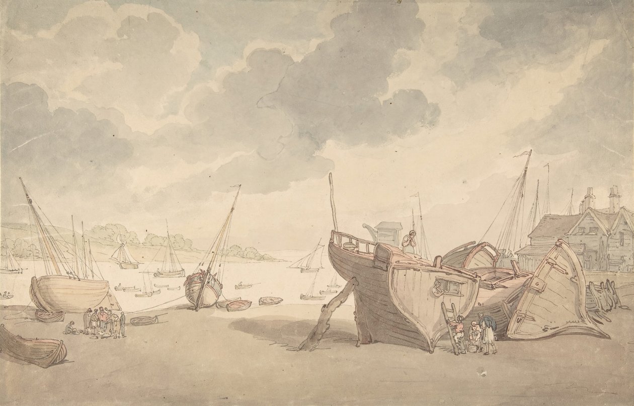 Hamnplats med tidvattnet ute och strandsatta båtar, 1775-1827. av Thomas Rowlandson