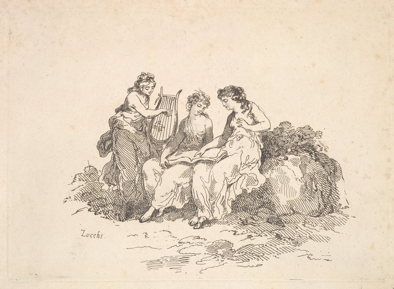 Harmony - Two Nymphs Singing, Another Playing a Lyre, 1784-88. av Thomas Rowlandson