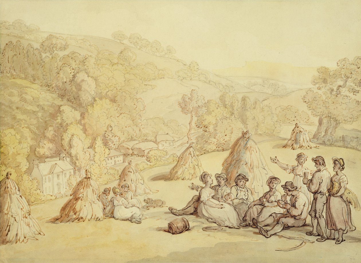 Skördare som vilar i ett majsfält, ca 1805-10 (penna och bläck med tvätt på papper) av Thomas Rowlandson