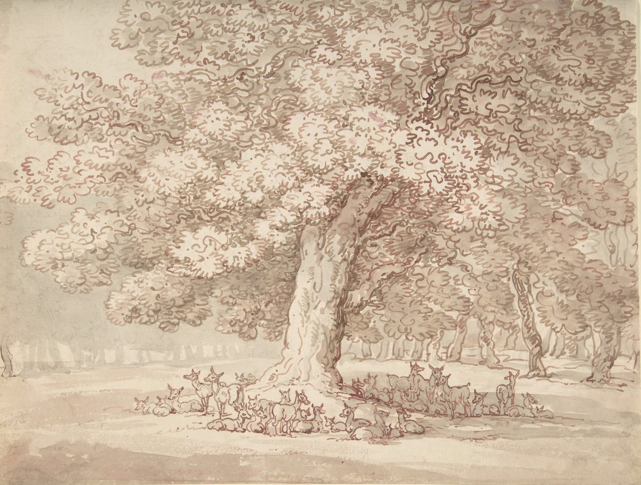 Flock rådjur under en ek, 1775-1827. av Thomas Rowlandson