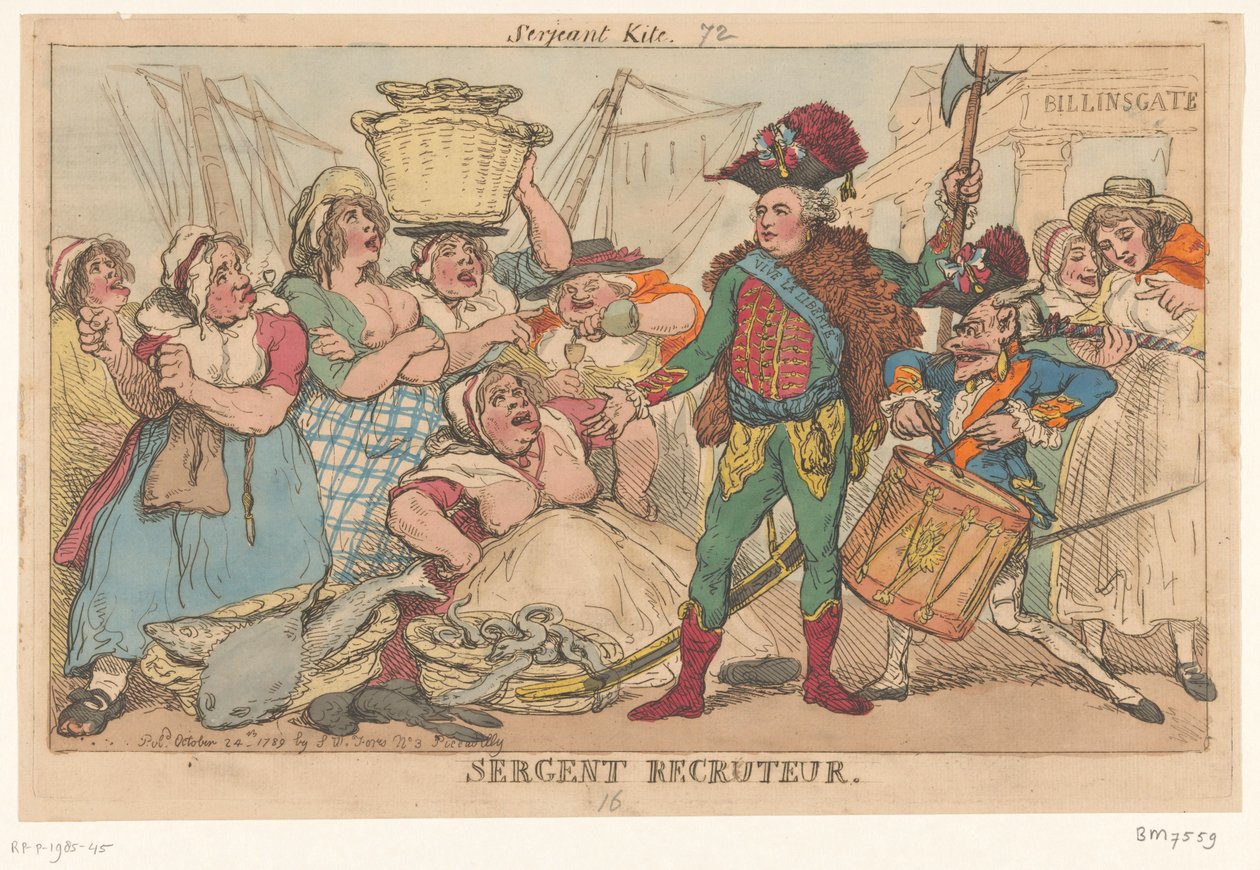 Hertig av Orléans bland fiskkvinnorna, 1789 Sergent Recruiter (titel på objekt) av Thomas Rowlandson