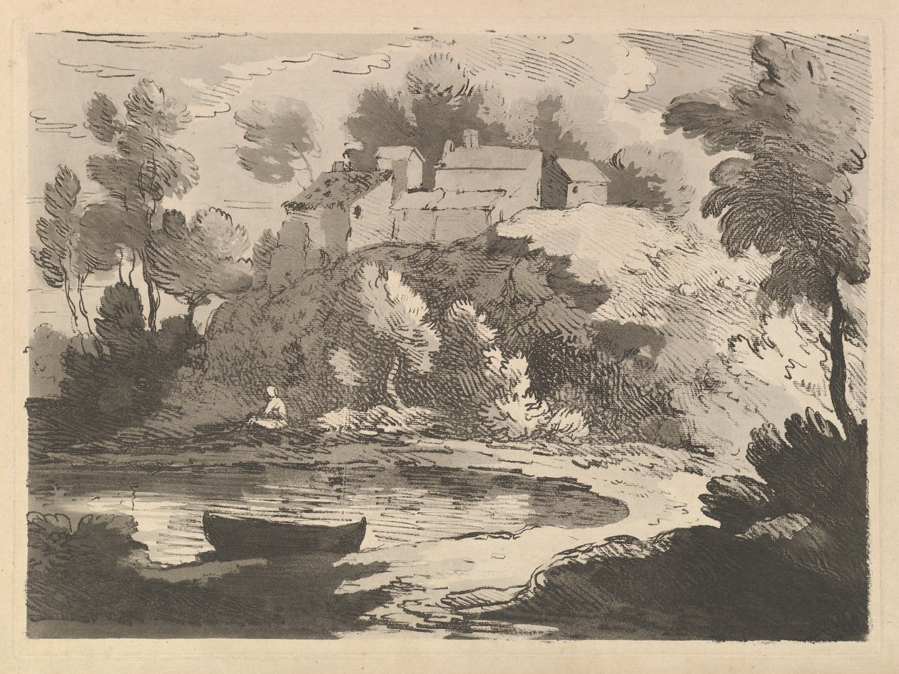 Hilly River Landscape, en båt i vattnet i förgrunden till vänster, en figur på den bortre stranden..., 1783-84. av Thomas Rowlandson