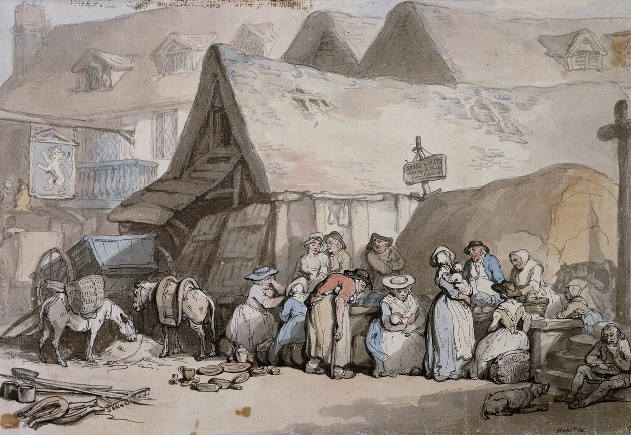 Honiton, Devon: Skor och hattar till salu utanför The Lion Inn, av Thomas Rowlandson