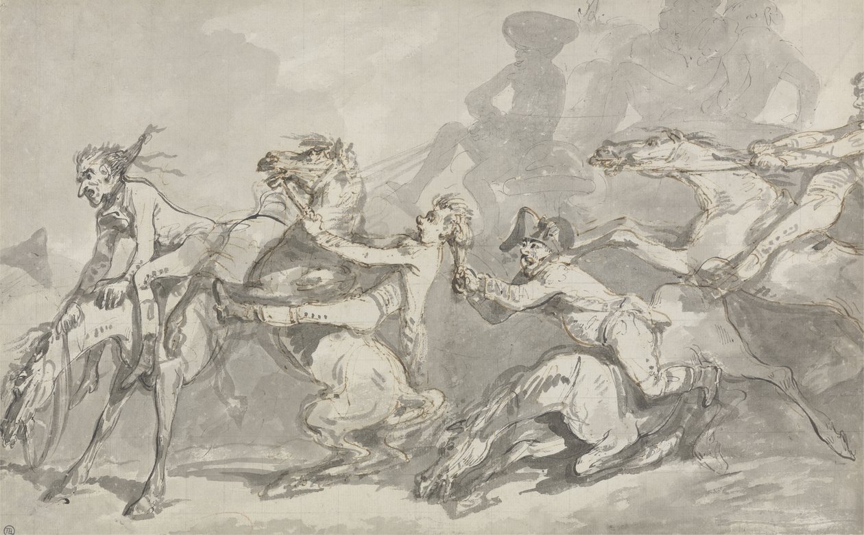 Horsemen Colliding, ca 1785-90 (penna och bläck med brun tvätt på papper) av Thomas Rowlandson