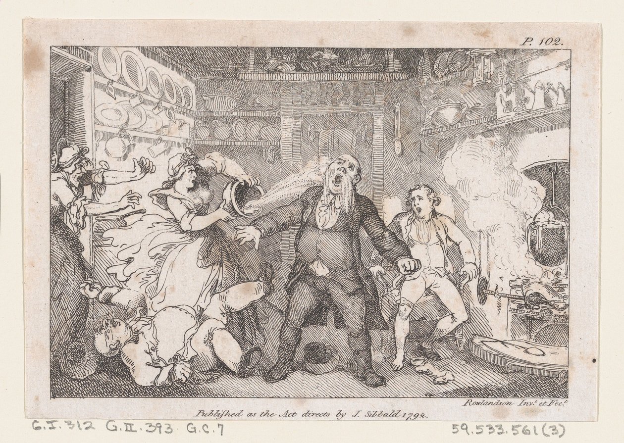 Värdinna släpper ut en panna med blod i ansiktet på Parson Andrews, från The Adventures of..., 1792. av Thomas Rowlandson
