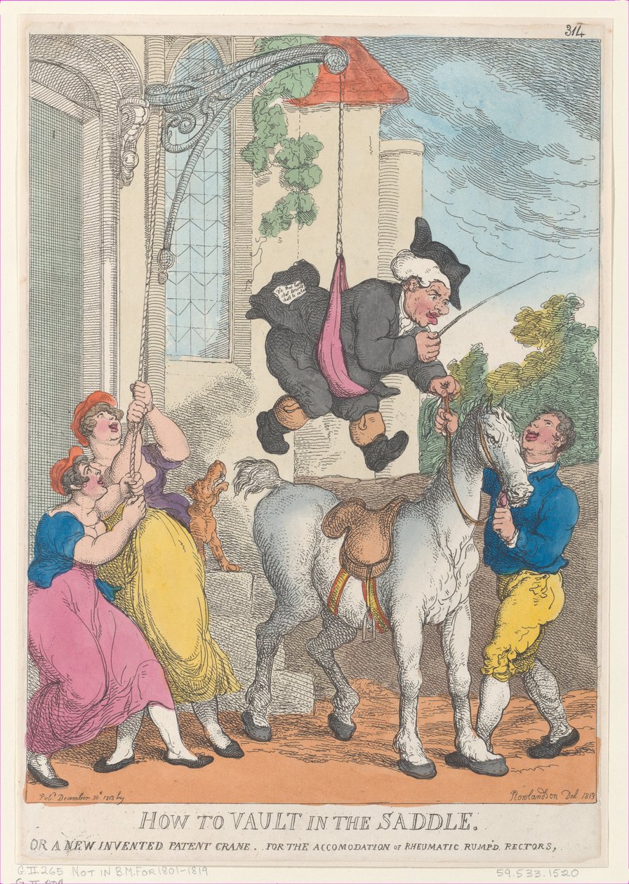 Hur man välv i sadeln eller en ny uppfinning patentkran för boendet..., 30 december 1813. av Thomas Rowlandson