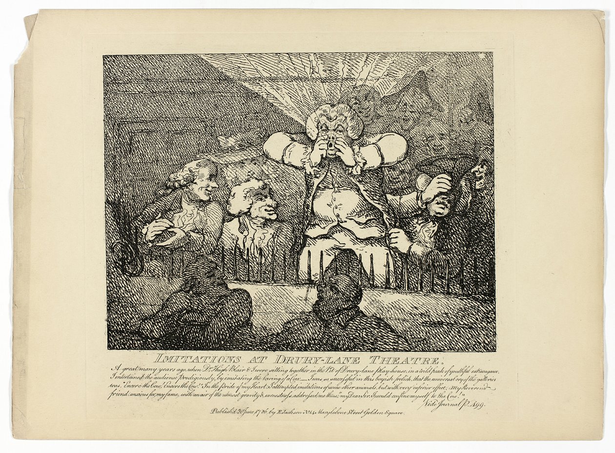 Imitationer och Drury-Lane Theatre, från Boswells resa till Hebriderna av Thomas Rowlandson