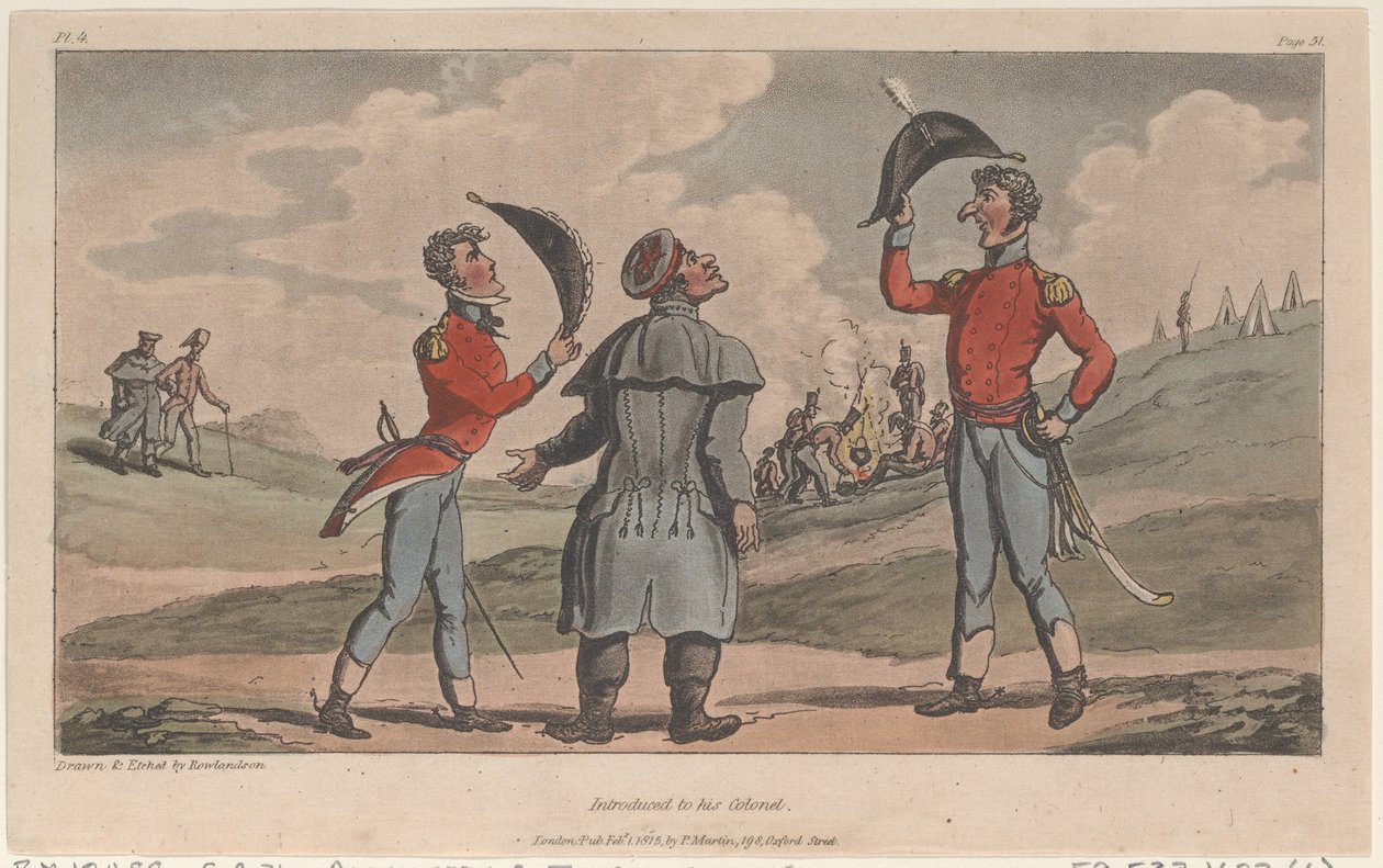 Introducerad för sin överste, från The Military Adventures of Johnny Newcome, 1815., 1815. av Thomas Rowlandson