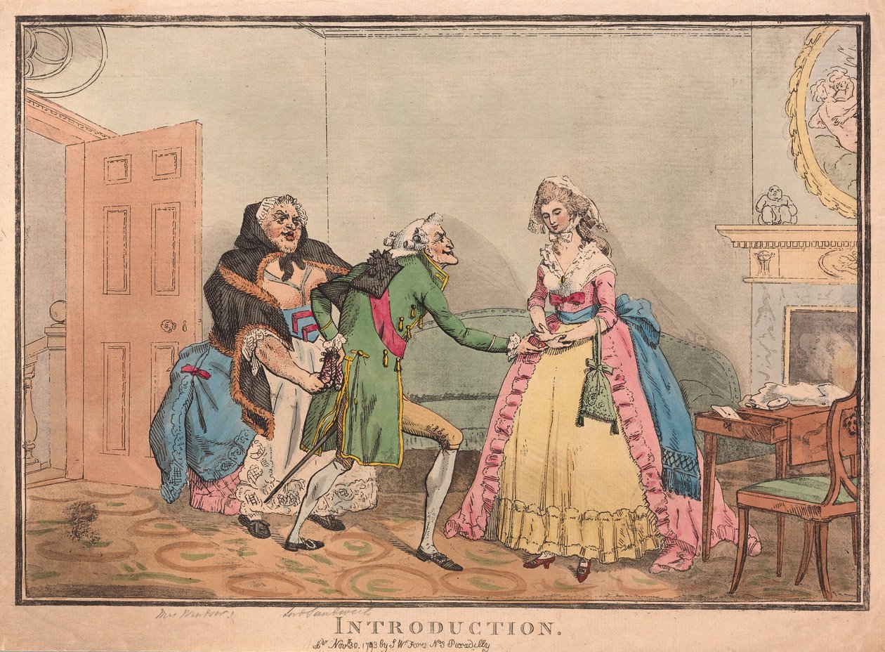 Introduktion, pub. 1793 (handfärgad gravyr) av Thomas Rowlandson