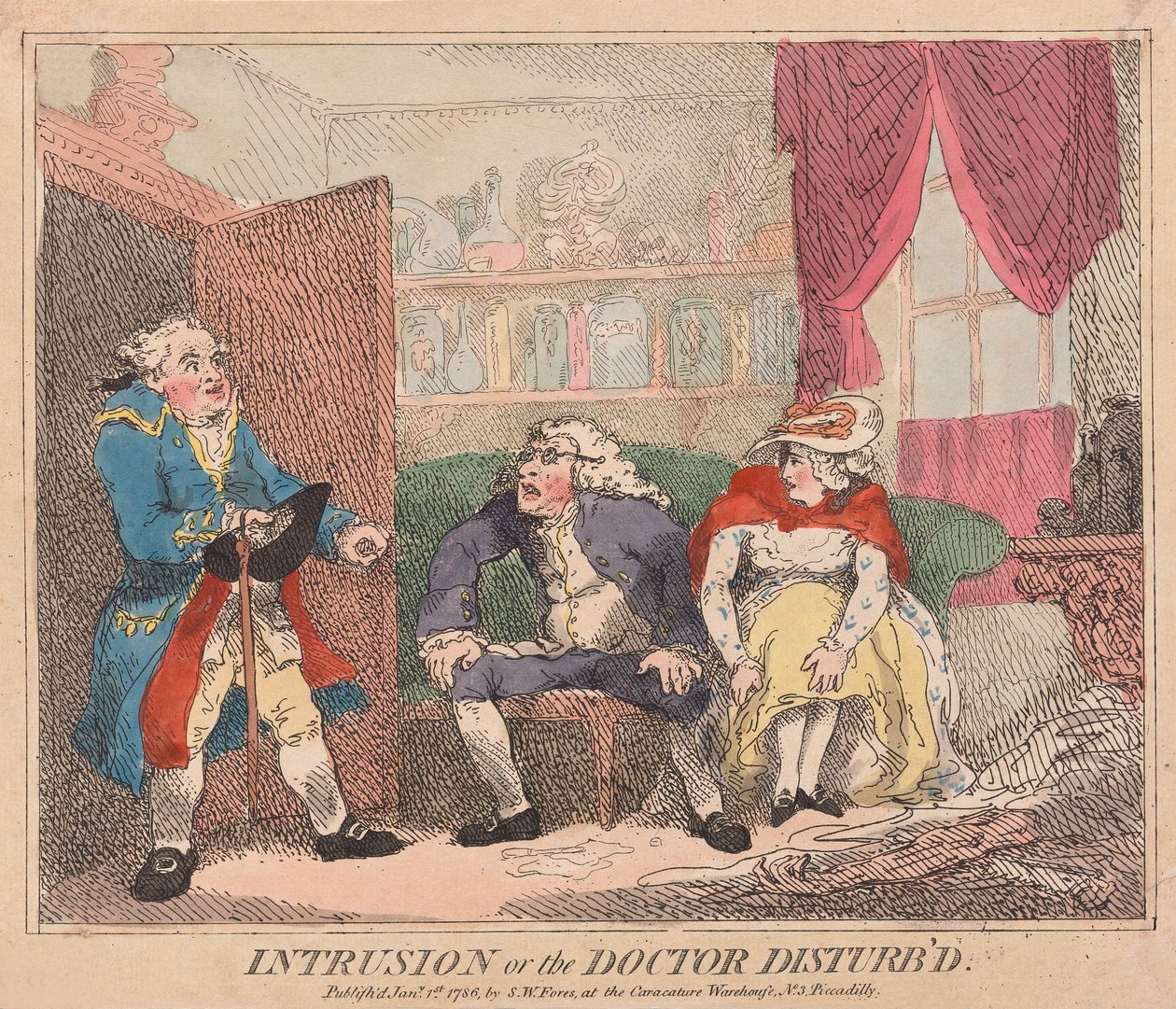Intrusion or the Doctor Disturbd, pub. 1786 (handfärgad gravyr) av Thomas Rowlandson