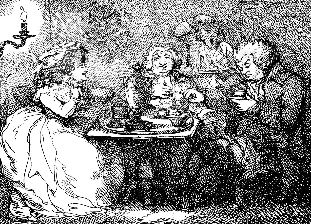 James Boswell, hans fru, och Dr Johnson på te i Edinburgh, 1773, 1786 av Thomas Rowlandson