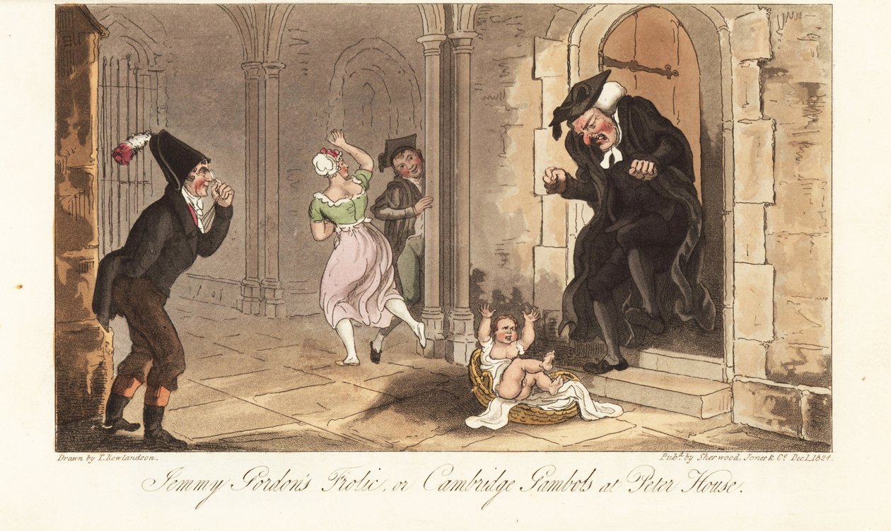 James Gordon, en beryktad berusad berusning från Cambridge, lämnar en bebis som ett spratt framför huset till en universitetsdekanus. Jemmy Gordons Frolic, eller Cambridge Gambols på Peter House. Handfärgad kopparplåt tecknad och graverad av Thomas Rowland av Thomas Rowlandson